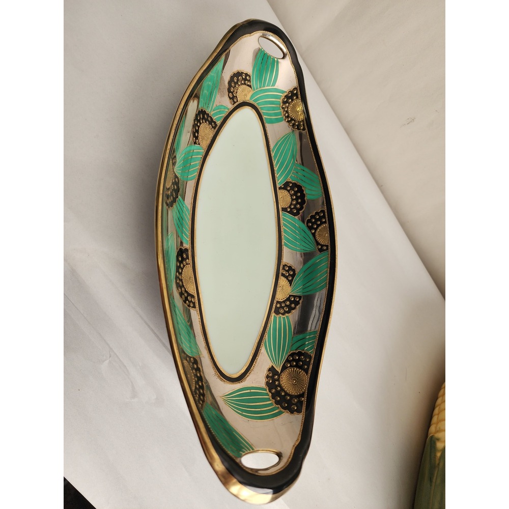 Vintage Noritake Art Deco Celery Dish Hand Painted Green Gold Floral Tray Japan